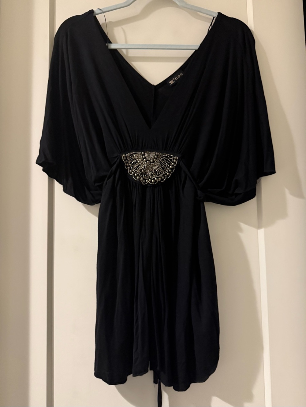 C&C California Black V-Neck Embellished Waist Dress